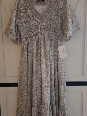 Smocked V-Neck Midi Dress in Cream and Black Speckle by MIKAROSE